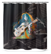 Meadow Melodies floral shower curtain enhancing bathroom ambiance.